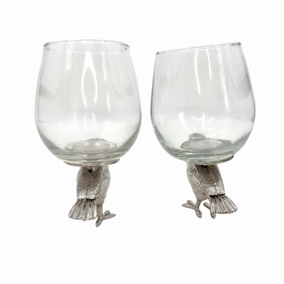 NWOT SILVER METAL RAVEN CROW 2 STEMLESS WINE GLASSES EDGAR ALLAN POE HALLOWEEN - Picture 4 of 6